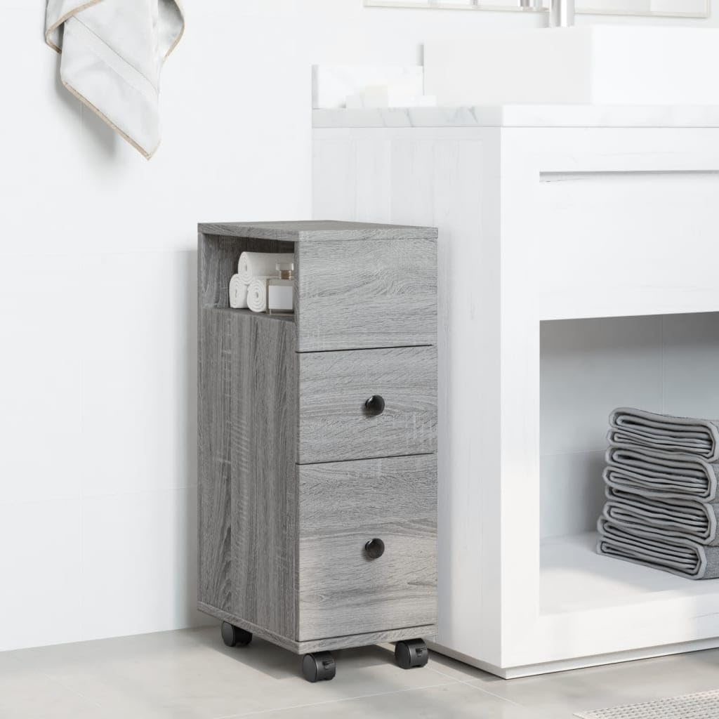 Mobile da Bagno Stretto con Ruote Grigio Sonoma in Truciolato, 2 Cassetti