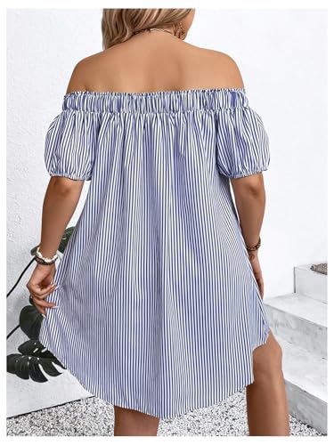 Image of Floerns Women's Plus Size Striped Off Shoulder Short Sleeve Button Tunic Dress