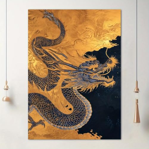 Dragon chinois noir et doré tableau sur toile décoration murale chambre