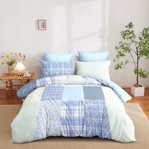 Image of Nayoroom Plaid Duvet Cover Queen Size Reversible Blue Patchwork Checkered Duvet Cover Dorm Bedding Set 3 Pieces Soft Lightweight Washed Microfiber Farmhouse Bedding Set Gifts for Women Men
