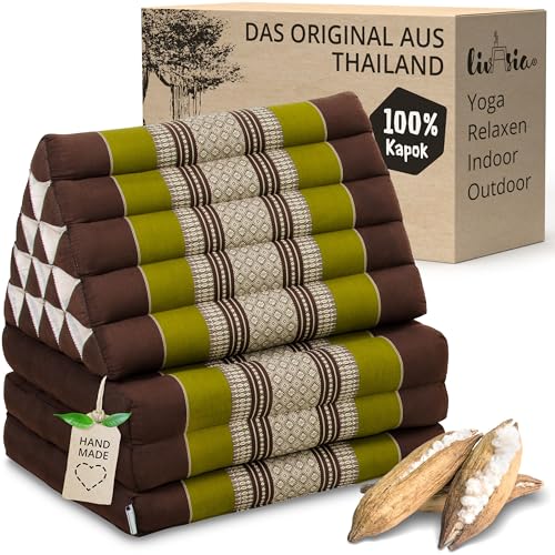 livasia Thaikissen 3 Auflagen extrahoch - 185x55x8cm - Dreieckskissen mit Klappmatratze, Kapok, Jumbo Rückenkissen faltbar, Thaimatte Klappen, handgefertigt, Meditationskissen (Braun/Grün)