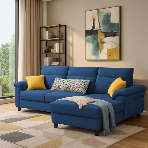 Image of Casaliving Seams RHS 4 Seater L Shape Sofa for Living Room (Blue Fabric) Premium Fabric Sofa