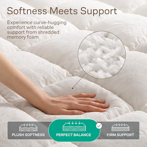 Image of Ultra-Thick Shredded Memory Foam King Size Mattress Topper - Breathable & Balanced Pad for Back Pain Relief with Soft Viscose Made from Bamboo Cover, White