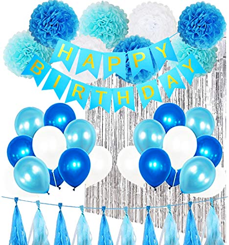 Birthday Party Decorations Kit Boy Supplies with Banner, Balloons, Pom Poms Flowers, Foil Fringe Curtain, Paper Tassels in Blue