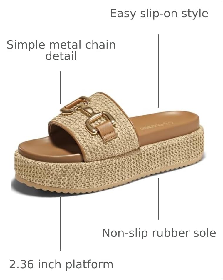 Image of Coutgo Womens Platform Sandals Raffia Espadrilles Metal Chain Slip on Open Toe Cute Beach Slide Sandals