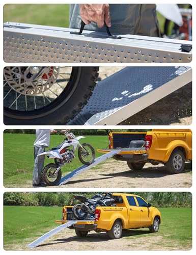 Folding Bike Ramp 89*11\" Truck Ramp 600LBS Loading Ramp for Pickup Trucks Lawn Mower 1PC Motorcycle Ramp for Pickup Trucks with Strap Silver Aluminum Trailer ATV Dirt Bike Car Ramp with Handle Buckle - Thumbnail 7