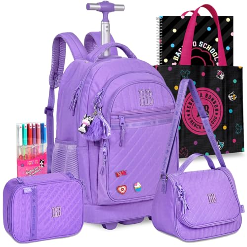 Kit Mochila RB Rebecca Bonbon Carrinho Escolar Lancheira Estojo Meninas Resistente Infantil Juvenil (Roxo)