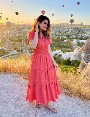 Image of ZESICA Women's Summer Casual Short Sleeve Boho Midi Dress