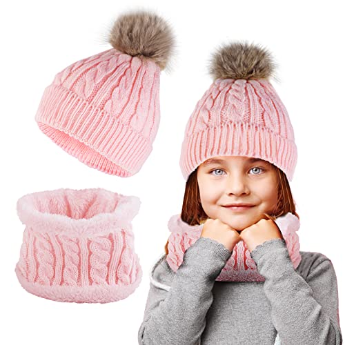 WLLHYF Wintermütze und Schal Set für Kinder mit Bommel warme Strickmütze Mütze und Schal dickes Kind Kleinkinder Mädchen Slouchy Baumwolle gestrickte Mütze und Kreis Schal für 1-10 Jahre alt Cover