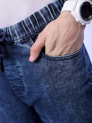 Image of The Indian Garage Co Men Regular Fit Solid Mid-Rise Stretchable Denim Cargo Joggers