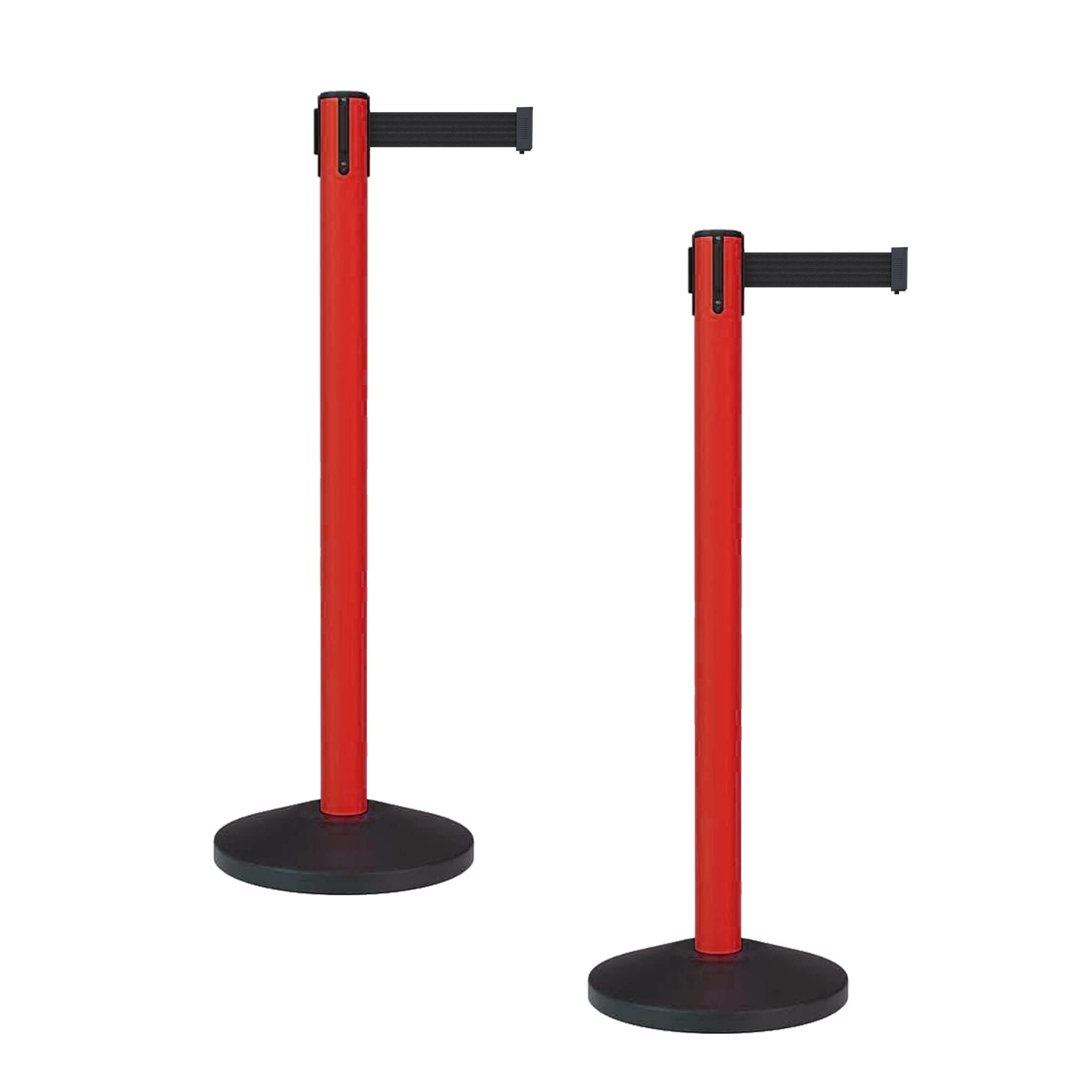 Montour Line MS630 Set of 2 Retractable Belt Barrier Stanchion, Sloped Base, Red Post (11 ft Black Belt)