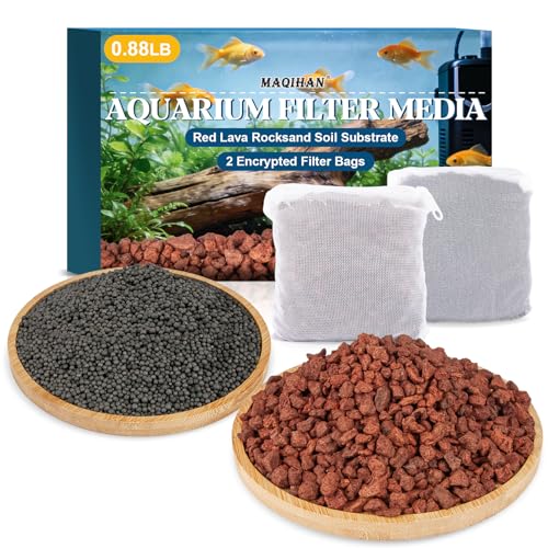 MAQIHAN Lava Rocks for Aquarium - 0.88 Lb Aquarium Rocks Red Volcanic Rock Stones Black Aquatic Soil for Fish Tank Decor Aquascaping Rock Substrate Decorative Landscaping (with 2 Filter Bags)
