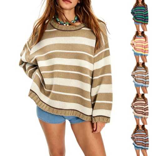 Oversized Sweaters for Women Knit Loose Cute Crew Neck Striped Thermal Tops - image 1