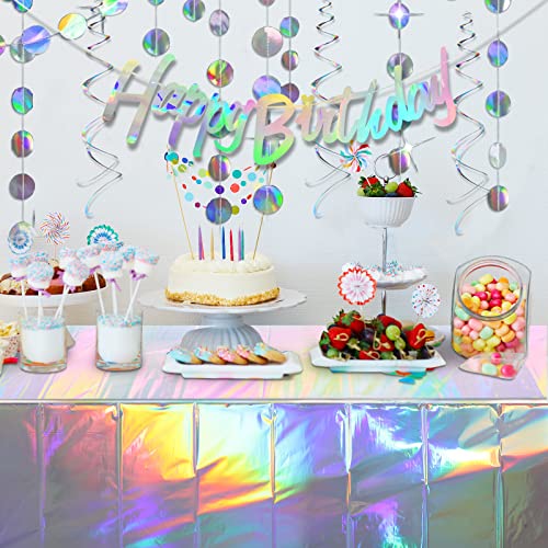 Iridescent Happy Birthday Banner Party Decorations, Shiny Happy Birthday Sign Holographic Circle Garlands Hanging Dots Streamer Backdrop Tablecloth For Iridescent Birthday Party Decorations Supplies #TOP3