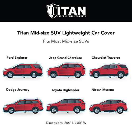 Titan Lightweight Car Cover. Mid-Size SUV. Compatible with Ford Explorer, Jeep Grand Cherokee, and More. Waterproof Cover Measures 206 Inches and Includes a Driver-Side Door Zipper. - Thumbnail 2