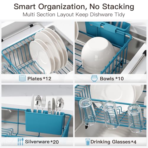 Image of JASIWAY Blue Dish Drying Rack in Sink, Dish Drainer with Utensil Holder