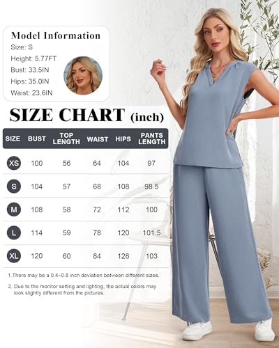 IEEILULU Two Piece Sets for Women V Neck Sleeveless Tank Tops and Wide Leg Pants Sets Vacation Outfits (Blue-Gray, M) - image 6