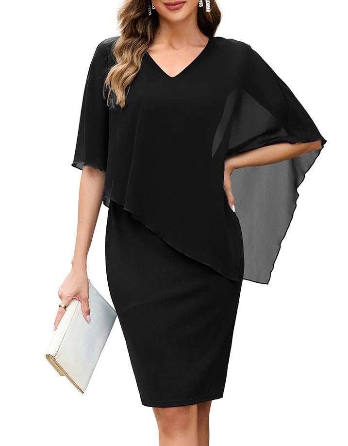 oten Womens Casual Chiffon Cape Overlay Dresses Batwing Cape Sleeve Cocktail Party Formal Funeral Special Occasions Dress Black Medium