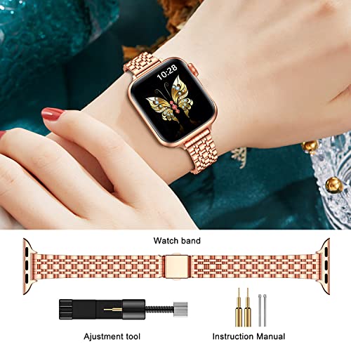 Image of MioHHR Slim Metal Band Compatible with Apple Watch Bands 42 /41 /40 /38mm | Thin Luxury Stainless Steel iWatch Bands Series 11 /10 /9 /8 /7 /6 /5 /4 /3 /2 /1 /SE3 /SE2 /SE for Women,Rose Gold