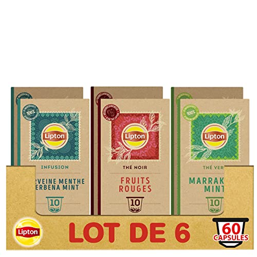 Lipton Assortiment de 3 Thés en Capsules Compatibles Nespresso : Thé Vert Marrakech Mint, Infusion Verveine Menthe, thé Noir Fruits Rouges, Compatibles Machines...