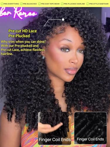 Image of Sunber Curly Texture Premium Hair Wig With Finger Coil Ends Bye Bye Knots 7x5 HD Lace Pre Bleached Invisible Knots 150% Density Pre Cut Lace Put On and Go Glueless Curly Wigs for Beginner 24Inch