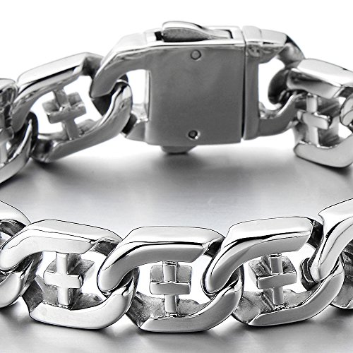 COOLSTEELANDBEYOND Men's Stainless Steel Curb Chain Bracelet with Cross Silver Color High Polished2