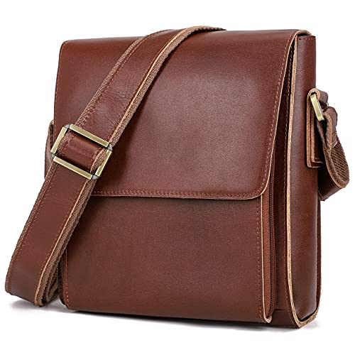 Augus Leather Messenger Shoulder Crossbody Bag for Men Work Business Vintage Magnetic Buckle Big Capacity Adjustable straps