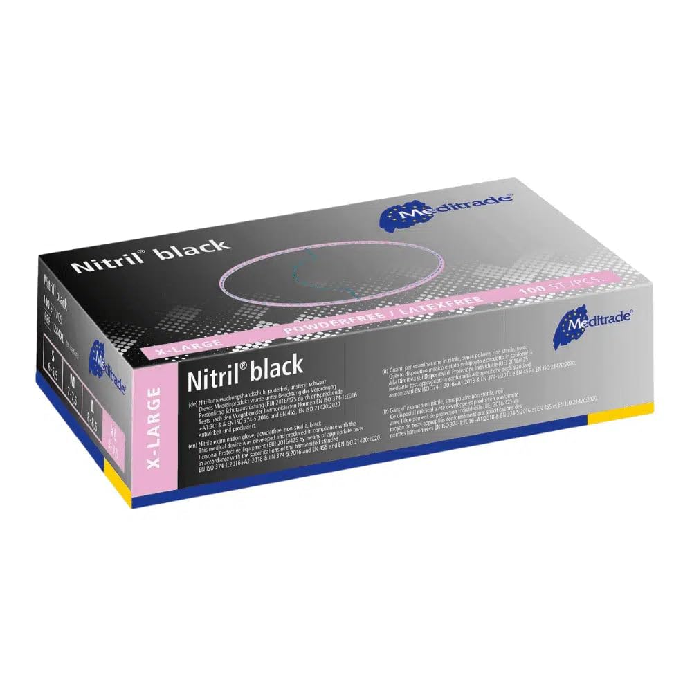 Nitrilhandschuhe 1000 Stück Box (Schwarz) Meditrade Einmalhandschuhe, Untersuchungshandschuhe, puderfrei, unsteril, latexfrei (XL)