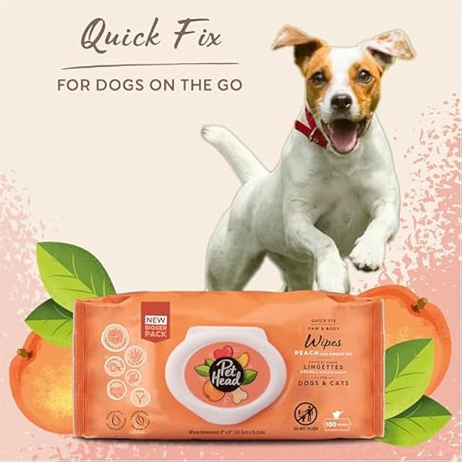 Pet Head Quick Fix Paw and Body Wipes for Cats and Dogs | Peach Scent with Aloe Vera | Biodegradable Pet Hygiene Cleaning Wipes | pH-Neutral | Vegan | for an Easy & Speedy Freshen-Up | 100 Pack-VwCDazLt