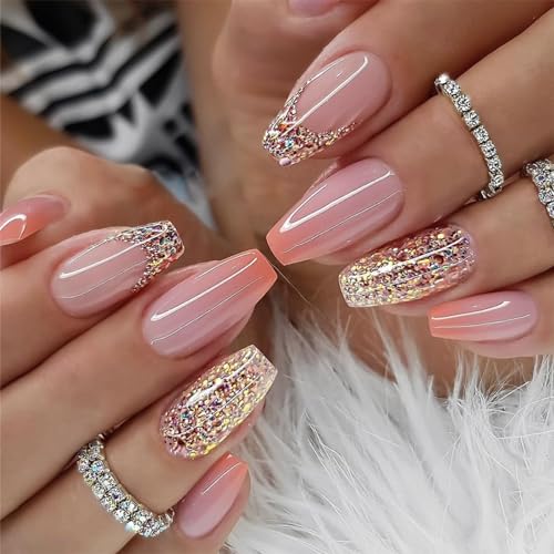 24pcs Short Coffin False Nails French Glitter Sequins Tip Stick on Nails Orange Ombre Press on Nails Removable Glue-on Nails Acrylic Full Cover Fake Nails Women Girls Nail Art Accessories