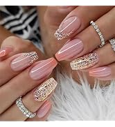 24pcs French Tip Press on Nails Short Coffin Fake Nails Glitter Sequins Edge Glue on Nails Orange...
