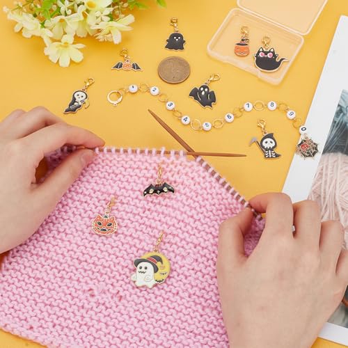 BENECREAT 11Pcs Halloween Theme Stitch Marker Charms, Golden Alloy Enamel Charm Locking Stitch Markers - Image 3