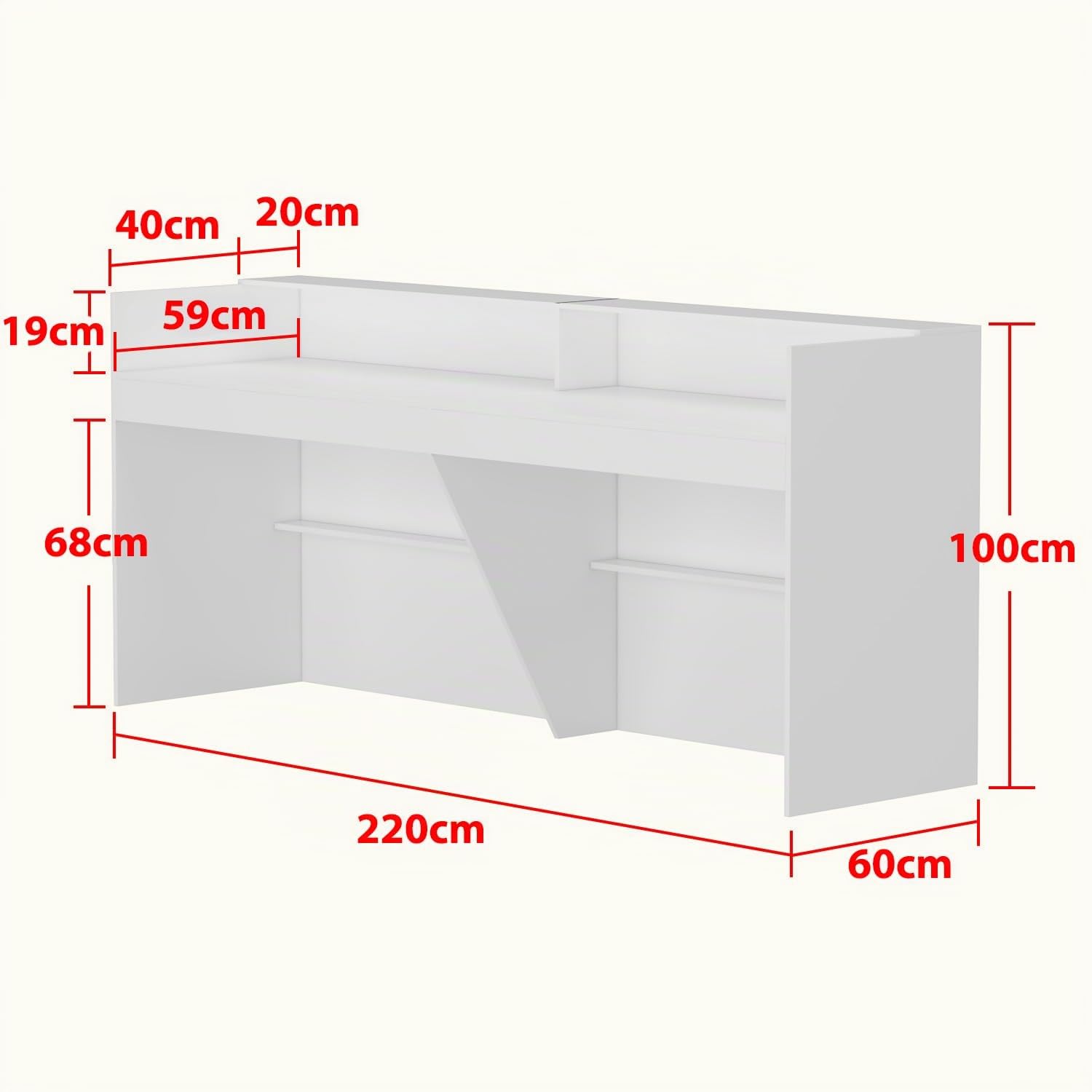 Grand comptoir de réception, comptoir de vente, blanc, MDF, 220 cm x 60