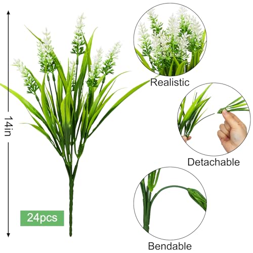 Image of Bassion 24 Bundles Artificial Flowers for Outdoors Fake Lavender, White | UV resistant, plastic faux lavender with monkey grass, outside planter window box garden patio front porch home decor