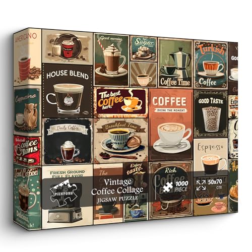 Vintage Coffee Collage Puzzles for Adults 1000 Pieces, PICKFORU Breakfast Food Jigsaw Puzzle Coffee Latte, Hard Difficult Retro Poster Theme for Home Wall Decor
