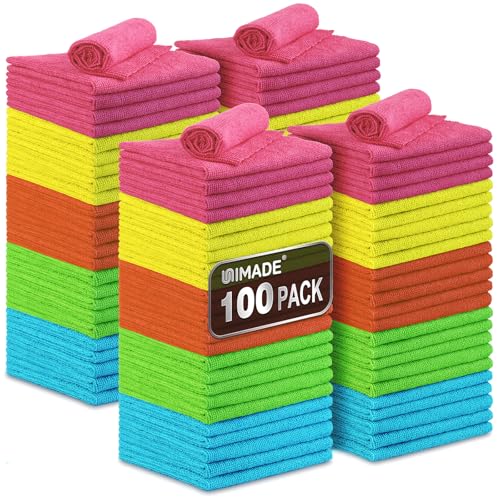 UNIMADE Microfiber Cleaning Cloth, 100PK Commercial Grade Work Rags Microfiber Towels for Cars Cleaning Rags Bulk Detailing Cloth for Automotive Bar Mechanic Restaurant Garage, 11.5"x11.5", Multicolor