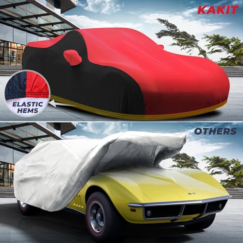 Image of KAKIT Waterproof Car Cover Custom Fit for 1968-1982 C3 Stingray, UV Resistant Fade-Proof Cover for Chevy Corvette, Indoor & Outdoor Use (Red & Black Combo)