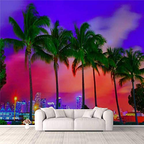 3D Wallpaper Miami Skyline Sunset with Palm Trees Florida Self Adhesive Bedroom Living Room Dormitory Decor Wall Mural Stick and Peel Background Wall Ceiling Wardrobe Sticker