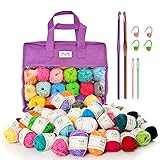 Crochet & Knitting Beginners Kit - 40 Mini Skeins Colorful Acrylic Yarn (875 Yards), Storage Bag, 2 Crochet Hooks, 4 Stitch Markers, 2 Needles, 7 PDF Ebooks