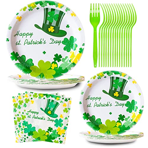 St Patricks Day Party Supplies, 96 PCS St. Patrick's Day Party Favors Decorations Paper Plates Napkins Set Irish Green Shamrock Theme Decor Birthday Party Baby Shower Decorations Favors, Serve 24