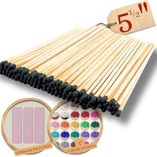 100 Count | 5.5' Black Safety Matches | Strikers Included | Color Tip Wooden Match | Refill for...