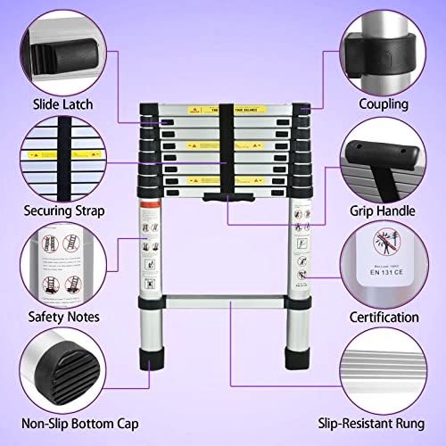 2.6M Telescopic Straight Ladder Sturdy Aluminum Telescoping Ladder 8.5ft Extension Ladder 330lb Max Load for Household Outdoor Work 3 2.6M Telescopic Straight Ladder Sturdy Aluminum Telescoping Ladder 8.5ft Extension Ladder 330lb Max Load for Household Outdoor Work - Image 3