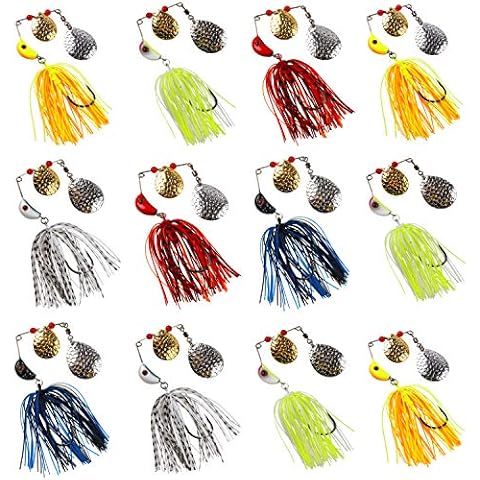 SILANON Bass Spinner Baits Kit,12pcs Hard Metal Spinner Bait Jigs Lure Buzzbait Swimbait for Bass Pike Trout Salmon Freshwater Saltwater Fishing Cover