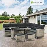 Juskys Polyrattan Lounge Manacor mit Ecksofa, Esstisch, 2 Hocker & Kissen - wetterfest bis 7 Personen - Bezüge waschbar - Rattan Garten Sitzgruppe Gartenlounge Gartenmöbel Set - Grau-meliert