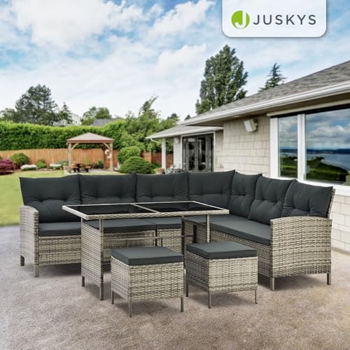 Robuster Esstisch aus Glas und Polyrattan im Juskys Manacor Set - Detailansicht von Juskys Manacor Polyrattan Lounge Test...