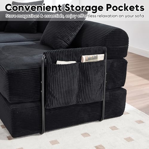 Image of L-Shape Modular Sectional Sofa Bed, Corduroy Boneless Couch, Black