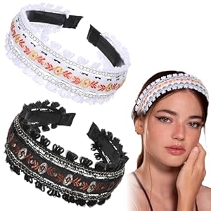 2Pcs Embroidered Headbands for Women, Non-Slip Boho Embroidered Floral Hair Hoops Ethnic Flower Headbands Fashion Suede Fleece Cloth Hair Accessories for Women(Black +White)