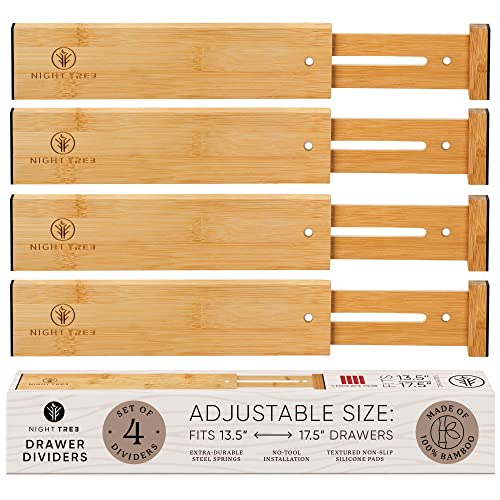 Night Tree Expandable Bamboo Drawer Dividers – Spring-Loaded Wooden Organizers for Clothes, Kitchen Utensils, Bathroom, and Dresser Drawers (13.5" to 17.5")