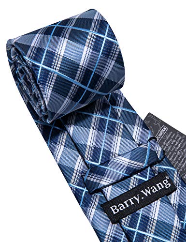 Image of Barry.Wang Plaid Ties Check Mens Necktie Set with Handkerchief Cufflinks Classic Stripe