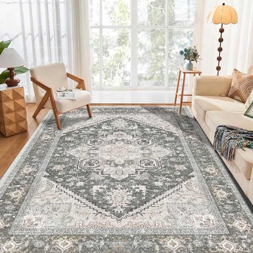 OPPODREAM Soft Area Rugs 3x5, Washable Rugs with Non Slip Backing, Low-Pile Throw 3x5 Carpet, Faux Cashmere 3 x 5 Carpet, Greenish Grey